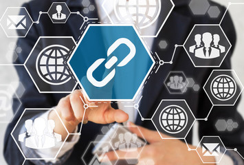 Businessman presses link button. Businesswoman touched hiperlink icon. Web sign, internet, mail,...