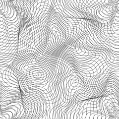 Vector monochrome seamless pattern, curved lines, black & white background. Abstract dynamical rippled surface, visual halftone 3D effect, illusion of movement. Design for prints, digital, decor, web