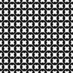 Fototapeta na wymiar Vector monochrome seamless pattern, black & white endless minimalist texture, simple abstract repeat background with circles & crosses. Geometric tiles. Design for prints, decoration, textile, digital