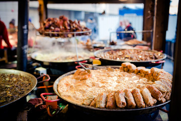Traditional Hungarian recepies sold at a street food van at the Budapest Christmas Market, December 2016