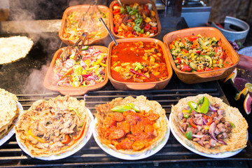 Traditional Hungarian recepies sold at a street food van at the Budapest Christmas Market, December 2016