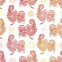 Fototapeta na wymiar Roosters seamless pattern background. Symbol of 2017 year. Colorful rooster texture. Vector.