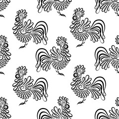 Fototapeta na wymiar Seamless pattern background with roosters. Black and white cock texture. Vector background with symbol 2017 year.
