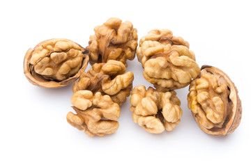 Walnut and walnut kernel isolated on the white background.