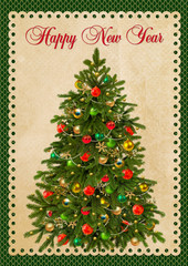 Christmas greeting card with Christmas tree and ornaments on a beautiful background