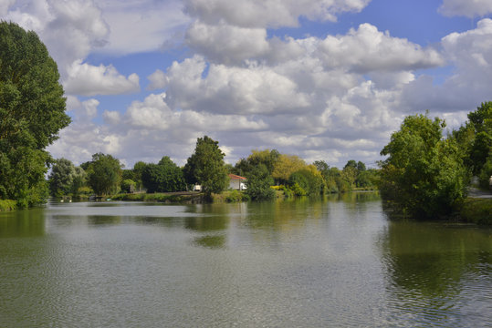Sur la S&egrave;vre Niortaise en vue de l'&icirc;le de la chate &agrave; Taugon (17170), d&eacute;partement de la Charente-Maritime en r&eacute;gion Nouvelle-Aquitaine, France