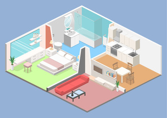 Fototapeta na wymiar Isometric flat 3D concept vector interior of studio apartments