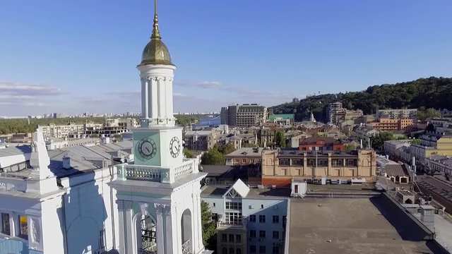 Aerial footage. Clock tower and the bells. Kiev. Podol.
