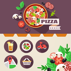 flat layout design for website pizzeria with a set of icons. vector illustration.
