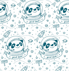 Panda Astronaut and Cosmos seamless pattern. Vector hand drawing illustration isolated on white