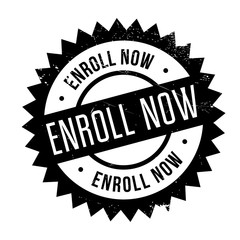 Enroll now stamp. Grunge design with dust scratches. Effects can be easily removed for a clean, crisp look. Color is easily changed.