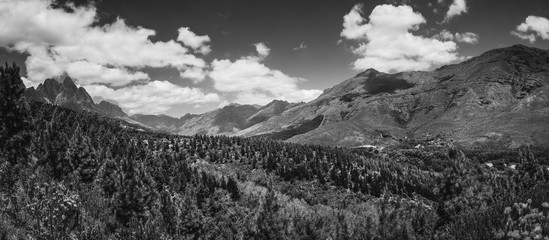 Scenic view of Jonkershoek Nature Reserve in black and white