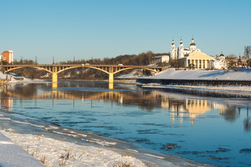 bridge, river, church, theater, trees, white snow all winter cityscape