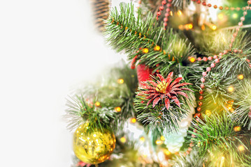 Fototapeta na wymiar Christmas party, flashing Christmas tree with decorative trim on a white background