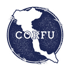 Obraz premium Corfu vector map. Grunge rubber stamp with the name and map of island, vector illustration. Can be used as insignia, logotype, label, sticker or badge.