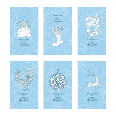 Greeting card set for New Year and Christmas. Hand drawn doodles elements. Vertical vector