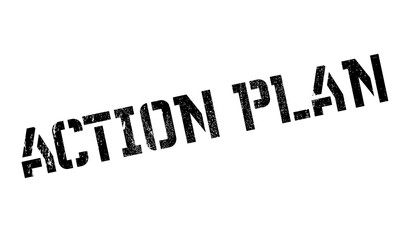 Action plan stamp. Grunge design with dust scratches. Effects can be easily removed for a clean, crisp look. Color is easily changed.