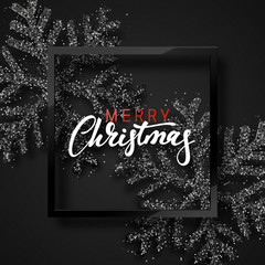 Christmas background, with beautiful bright snowflakes realistic shine glitter. In Framed calligraphy handmade. Merry Christmas poster, greeting card. Xmas decorations for the holidays