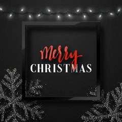 Christmas background black color with realistic garlands and beautiful snowflakes in the frame. Template christmas greeting card. Xmas Holiday and Happy New Year
