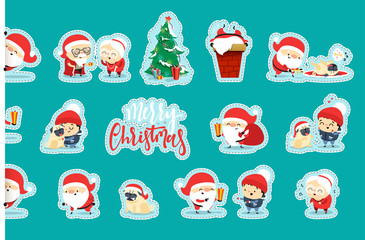 Quirky Santa Claus Funny Christmas characters in flat style. Set Santa Claus, small child, an elderly couple, grandparents, pet dog. Festive character for Christmas cards. Cute cartoon people.
