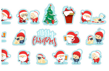 Quirky Santa Claus Funny Christmas characters in flat style. Set Santa Claus, small child, an elderly couple, grandparents, pet dog. Festive character for Christmas cards. Cute cartoon people.