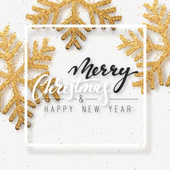Obraz na płótnie Canvas Christmas background with Shining gold Snowflakes. Lettering Merry Christmas and Happy New Year card vector Illustration.