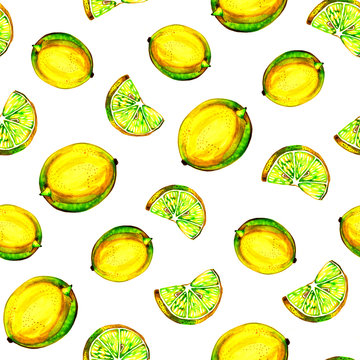 Watercolor seamless pattern with lemons on the white background. Hand drawn illustration