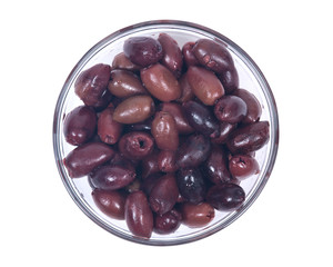 Jumbo pitted kalamata olives in bowl isolated on white background