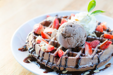 Strawberry waffle with ice cream