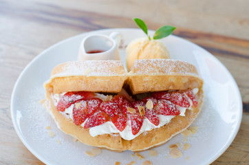 Strawberry waffle with ice cream