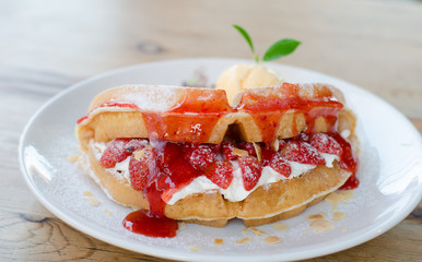 Strawberry waffle with ice cream