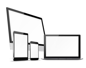 Computer monitor, mobile phone, laptop and tablet pc with blank screen isolated on white background. 3D illustration.