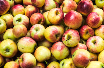 Texture of pile of red, green, yellow ripe apples