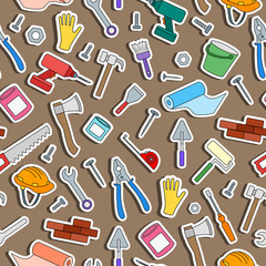 Seamless background on the topic of construction and repair , simple colored icons in the form of stickers on a brown background