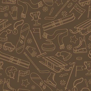Seamless pattern on the theme of winter sports, simple contour icons on brown background