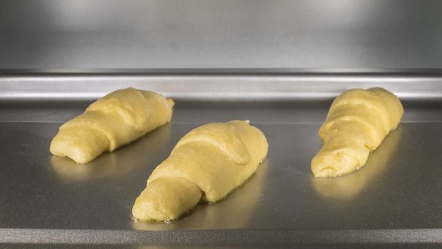 Cooking croissants in oven macro time lapse.