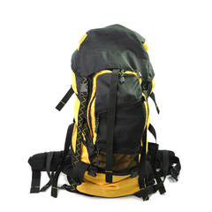 Yellow and black backpack isolated on white background