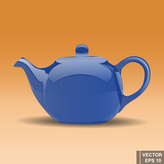 Ceramic teapot blue. Isolated on an orange background. Realistic.