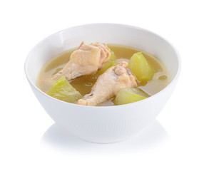 Chinese soup chicken with gourd vegetable on white.