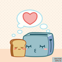 Toaster and funny toasted bread. Vector cartoon illustration. Love forever. Cute kawaii comic characters.