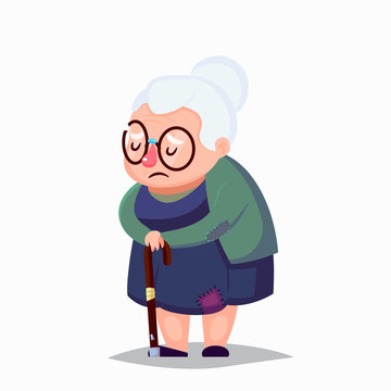 cartoon poor Senior woman in old clothes with cane and glasses Stock  Illustration | Adobe Stock