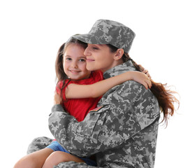 Mother in army uniform with daughter isolated on white