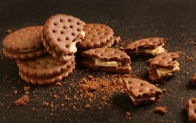 Tasty cookies with crumbs on dark background
