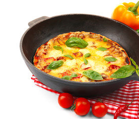 Freshly baked pizza in a pan on white background