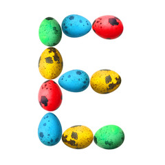 Letter E made of Easter eggs on light background