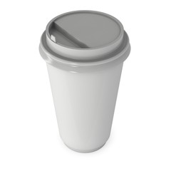 Disposable coffee cup. Blank paper mug with plastic cap. 3d render isolated on white background