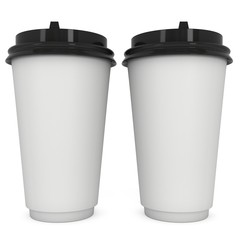 Disposable coffee cups. Blank paper mug with plastic cap. 3d render isolated on white background