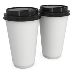 Disposable coffee cups. Blank paper mug with plastic cap. 3d render isolated on white background