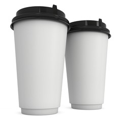Disposable coffee cups. Blank paper mug with plastic cap. 3d render isolated on white background