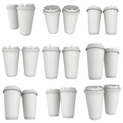 Disposable coffee cups set. Blank paper mug with plastic cap. 3d render isolated on white background